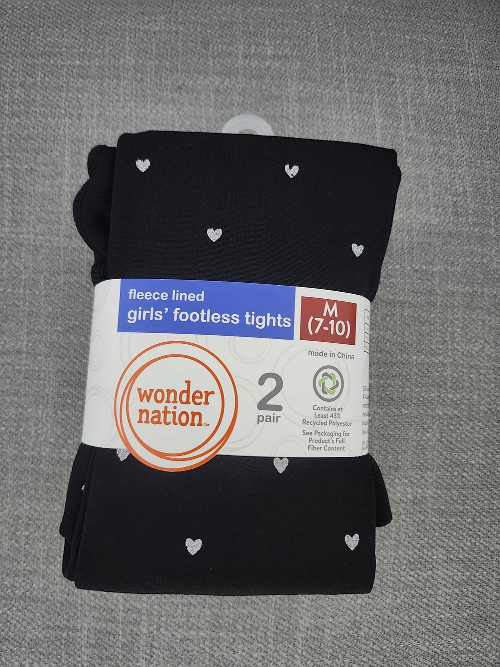 Wonder Nation Girls' Fleece Lined Footless Tights - Black with Silver Hearts